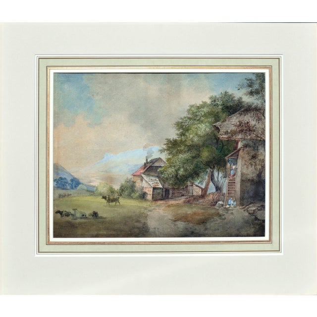 Stunning late 19th century landscape watercolor painting of a farm scene by an unknown artist. Presented in a giltwood...