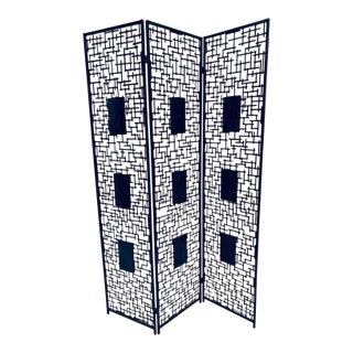 Brutalist Three Panel Wrought Iron and Marble Room Divider Screen For Sale