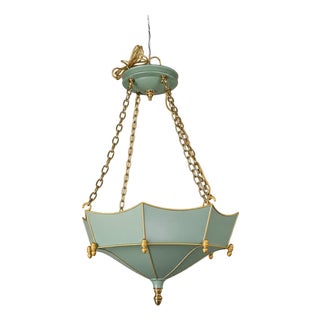 Vintage Tole Umbrella-Shaped Metal Chandelier — Sage Green and Gold Leaf For Sale
