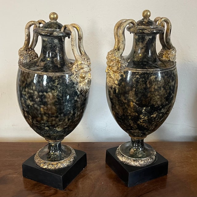 Pair antique 18th century Georgian Wedgwood & Bentley creamware urns with mottled faux stone glaze and mask handles circa...