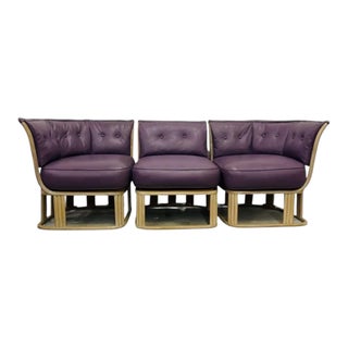 Mid 20th Century Vintage Purple Leather & Teak 3 Piece Sectional Sofa For Sale