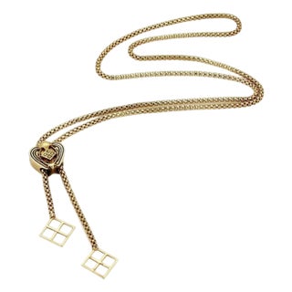 Mid 20th Century Heart Slide 14k Gold Pendant Tube Filigree Chain Tassel Necklace For Sale