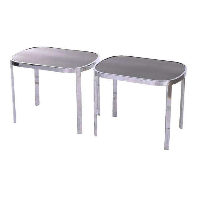 Pair of Vintage Mid Century Modern Chrome & Ebonized Glass Top Tables C1960 For Sale