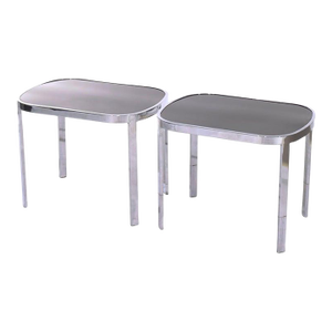 Pair of Vintage Mid Century Modern Chrome & Ebonized Glass Top Tables C1960