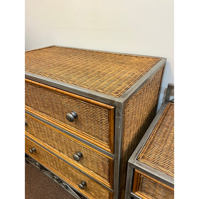 1990s Wicker Rattan Metal Frame Dresser and Night Stand Coastal, 2 Pieces For Sale - Image 6 of 8