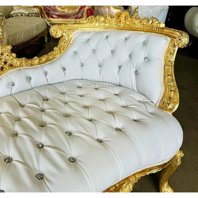French Style Tufted White Settee With Gold Details For Sale In Miami - Image 6 of 6