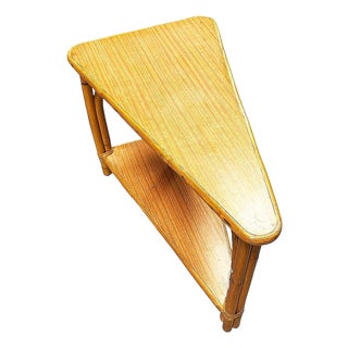 1940s Restored MCM Rattan & Formica Skinny Arch 3-Strand Wedge Side Table W/ 2-Tiers For Sale