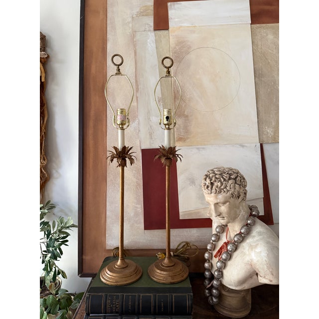 1990s Currey and Company Table Lamps Gold Leaf Palm Detail 32 Inch Tall - a Pair For Sale In Chicago - Image 6 of 12
