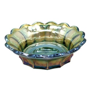 Vintage Teal Green Iridescent Carnival Flared Thumbprint Bowl For Sale