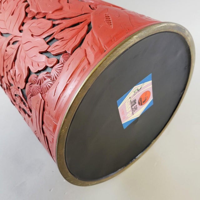 Carved Red Cinnabar-Style Lacquer Floor Vase or Umbrella Stand, Beijing Factory For Sale - Image 13 of 16