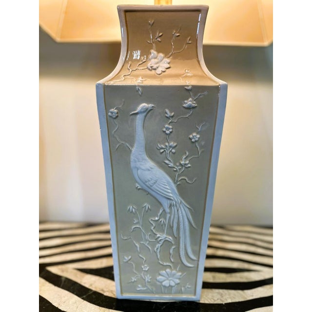 Large Cream Ceramic Table Lamps with Relief Peacocks and Fabric Shades, Set of 2 For Sale - Image 10 of 16