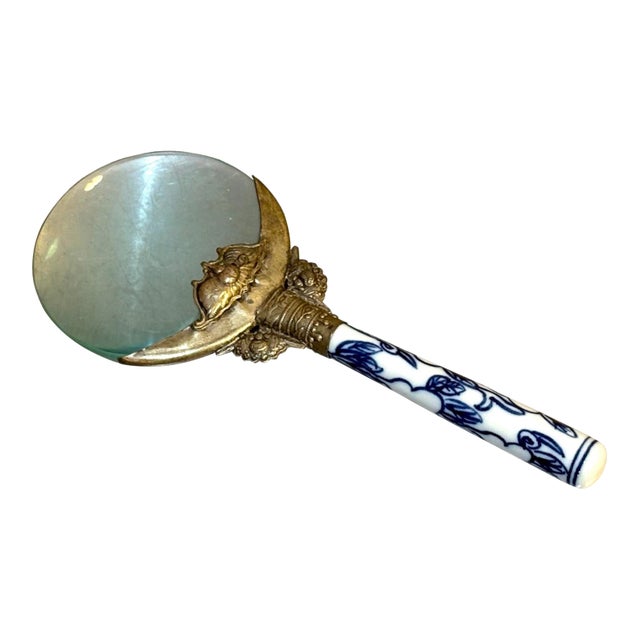 Antique Delftware Blue/White Ceramic W/ Silver Magnifying Glass or Loupe For Sale
