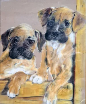 Boxer Puppies, Pastel on Paper, 1980s