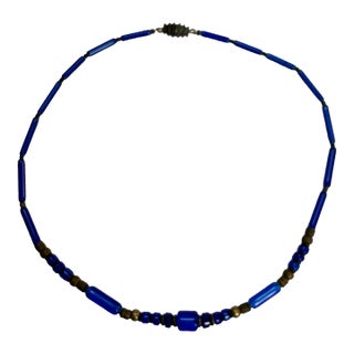 Vintage 1920s Art Deco Egyptian Revival Cobalt Blue Czech Glass Tubular Bead Necklace For Sale
