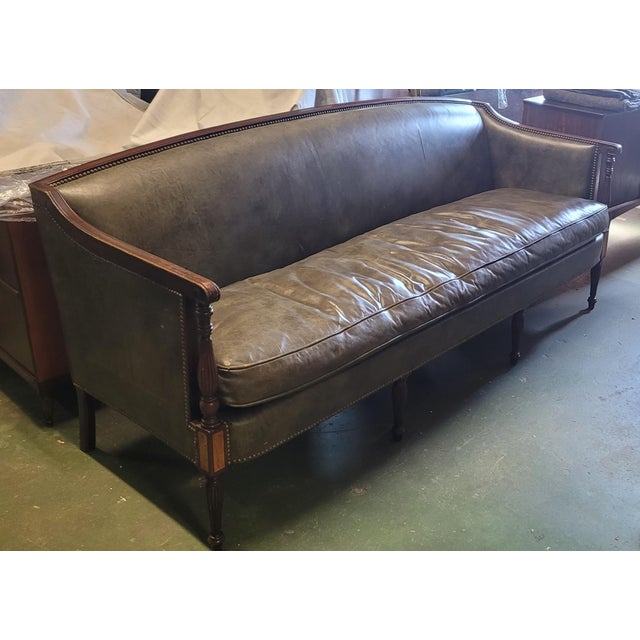 Very nice Hickory Chair leather sofa reminiscent of Ralf Lauren Out of Africa look. Features a Sheraton inlaid frame, moss...