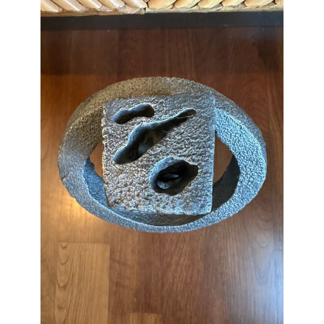 Vintage Signed 13” Hand Hammered Blackwashed Metal Sculpture on Wood Base in a Western Industrial Style For Sale - Image 13 of 17