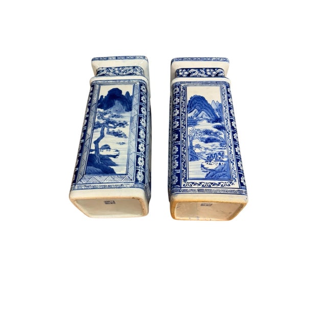 Chinoiserie Qianlong Style Blue and White Porcelain Vases- A Pair For Sale - Image 12 of 12