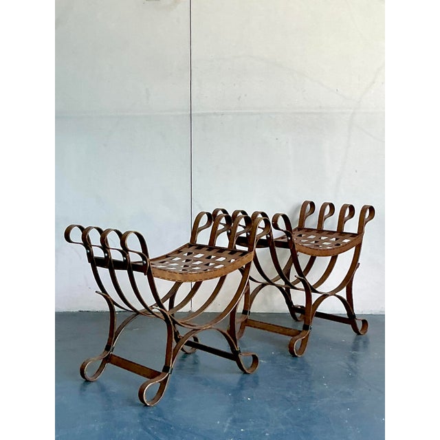 Spanish Revival Vintage Boho Curule Patinated Metal Stools - A Pair For Sale - Image 3 of 8