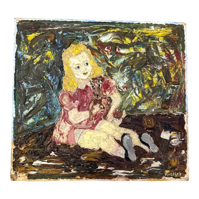 1970’s Original Girl and Dog Folk Art Textured Painting For Sale