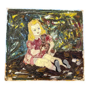 1970’s Original Girl and Dog Folk Art Textured Painting