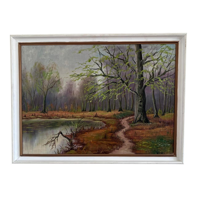 Vintage Original Forest Landscape Oil Painting, Circa 1960s For Sale