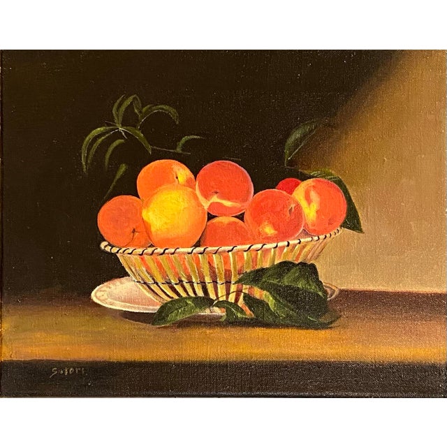 Contemporary Contemporary Still Life Oil Painting of Peaches in an Open Fretwork Basket by Satori Gregorakis. For Sale - Image 3 of 3