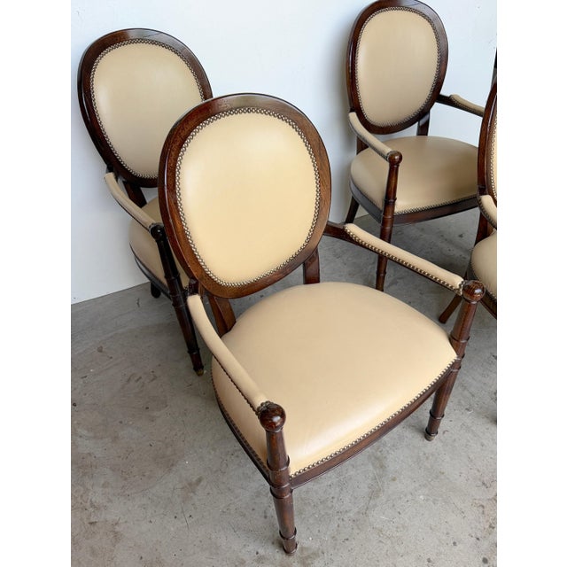 Set of 4 Baker Milling Road Neoclassical Mahogany & Parchment Leather Armchairs For Sale - Image 11 of 17