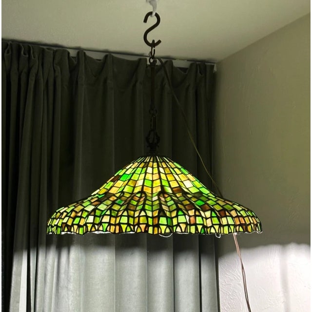 Mid-20th Century 20'' Tiffany-Style Leaded Green Slag Glass Lotus Leaf Lamp Shade For Sale - Image 18 of 18