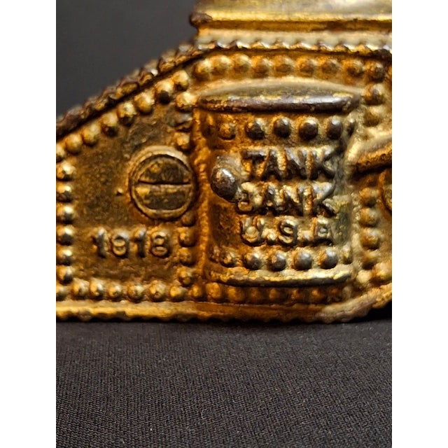 Antique Ac Williams Cast Iron Tank Bank Usa 1918 Wwi Still Penny Bank Gold Paint For Sale - Image 9 of 17