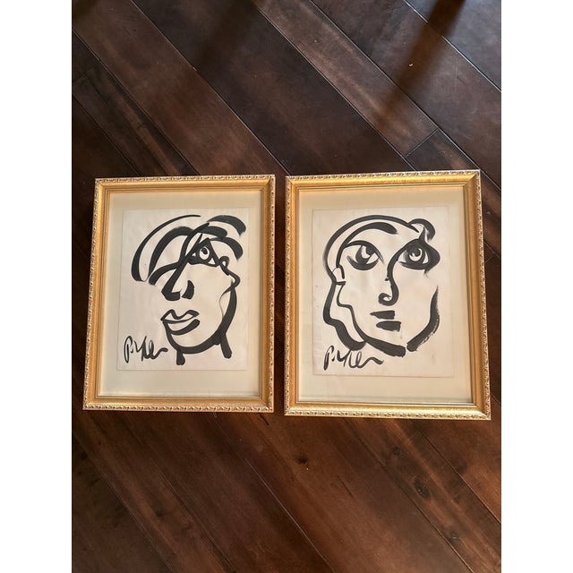 Abstract 1960s Peter Keil Black and White Portrait Paintings - Set of 2 For Sale - Image 3 of 7