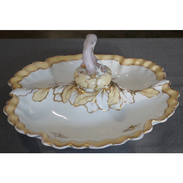 Mid 19th Century Circa 1880 Danish Victorian Art Nouveau Bing & Grondahl Porcelain Gilded Leaf Motifs Tidbit Server With Figural Onion Handle For Sale - Image 5 of 7