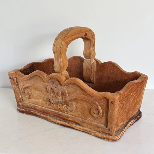 French Country Antique French Country Hand Carved Basket in Heavily Grained Wood With Filigree Detail For Sale - Image 3 of 7
