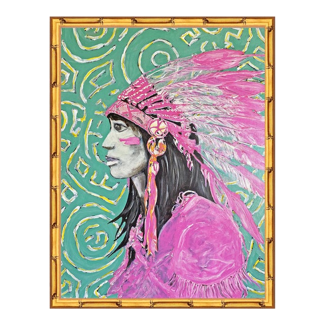Pop Art Native American Portrait Painting Pink Feather Headdress Western Art Original Acrylic by Tatiana Duperault For Sale