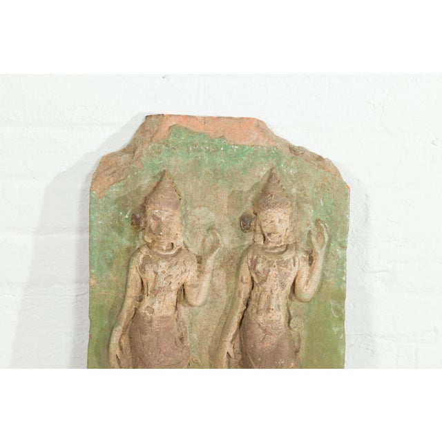 Thai Carved Stone Green Painted Temple Wall Plaque Depicting Ceremonial Dancers For Sale - Image 4 of 9
