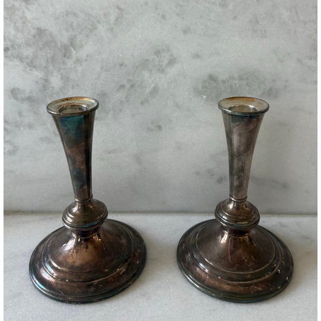 Metal Pair of Vintage Gorham Silver Plated 3 Arm Weighted Candelabras For Sale - Image 7 of 11