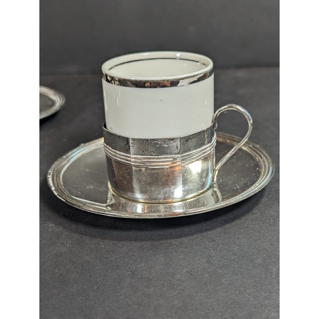 Contemporary 4 Vintage 1980"s Porcelain and Silverplate Demitasse Espresso Cups, and Saucers, Brazil, Fb Rogers Silver For Sale - Image 3 of 10