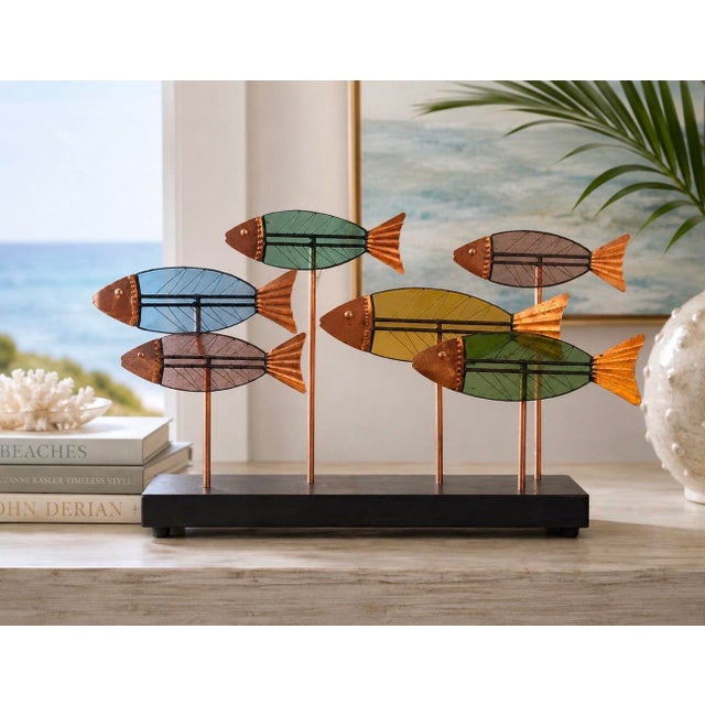 Striking vintage leaded slag glass and copper school of fish sculpture, featuring six individually crafted fish in a...