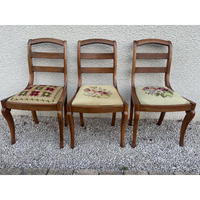 Louis XV Chairs in Walnut with Petit Point Tapestry Upholstery, 19th Century, Set of 3 For Sale - Image 3 of 8