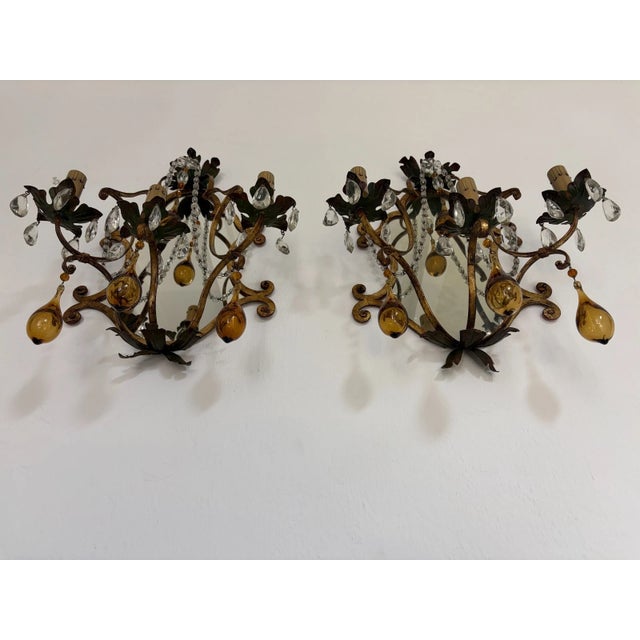 Italian Italian Tuscan Mirror Metal Florentine Sconces C 1900 Amber Blown Murano Glass For Sale - Image 3 of 12