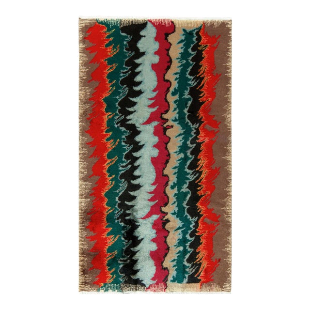 Vintage 1960s Art Deco Long Rug in Red, Green, Multicolor All Over Pattern For Sale