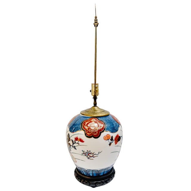 Vintage Japanese Imari Style Hand-Painted Porcelain Ginger Jar Lamp With Longevity Finial For Sale - Image 4 of 8