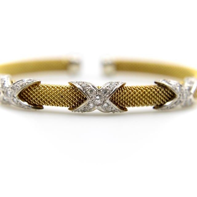 Vintage 14k Gold Woven Cuff Bracelet With Diamond X Details For Sale - Image 10 of 11