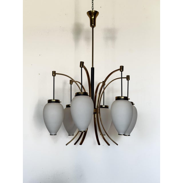 Stilnovo Six-Light Chandelier with White Opaline Diffusers by Bruno Gatta for Stilnovo, 1950 For Sale - Image 4 of 12