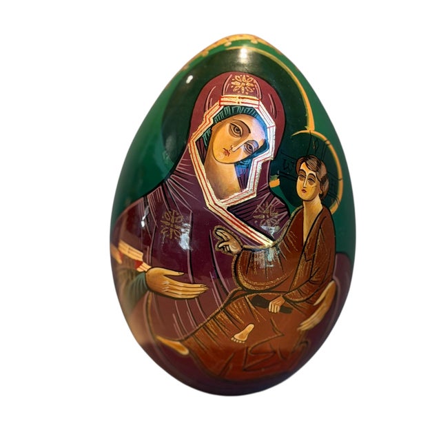 This item is a hand-crafted and hand-painted Orthodox Church Easter egg featuring a religious icon, depicting the Virgin...