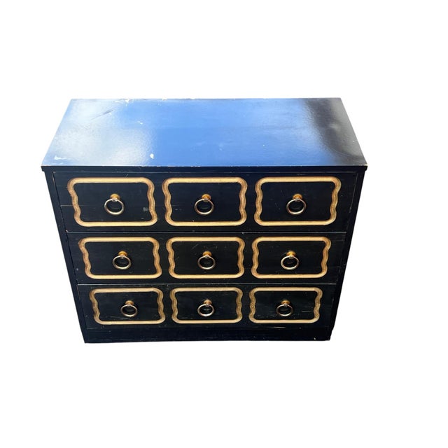 Vintage Dorothy Draper Style Black & Gold 9-Drawer Decorator Chest Vintage black and gold nine-drawer decorator chest...
