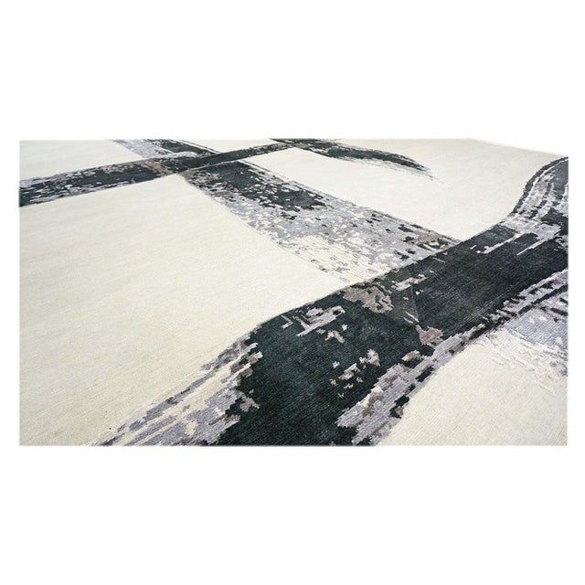 Nepalese Modern Wool & Silk 9x12 Light Grey & Black Handmade Area Rug #1144023 For Sale In Houston - Image 6 of 7