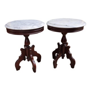 Vintage Victorian Style Mahogany and Marble Tea Drinks Side Tables - a Pair For Sale
