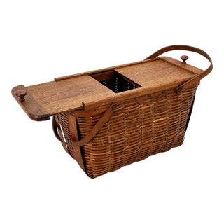 Large Early 1900s Antique American Beautifully Hand Made Reed With Oak & Brown Ash Wood Splint Picnic Basket For Sale