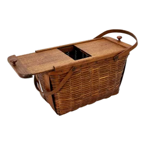 Large Early 1900s Antique American Beautifully Hand Made Reed With Oak & Brown Ash Wood Splint Picnic Basket