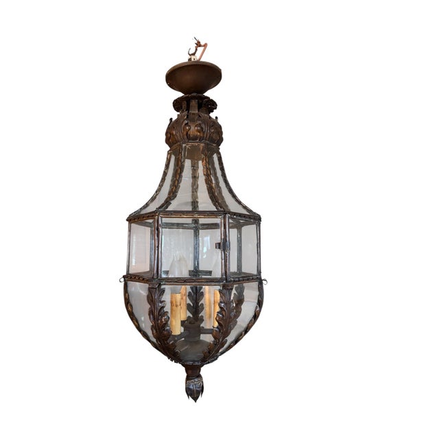 French Antique Louis XIV “Versailles” style lantern, hexagonal shape with seven curved and plain glass panels, encased...